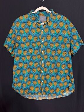 Bonobos Teal Short-Sleeve Button-Down with Yellow Pineapple Print Slim Fit Xxl